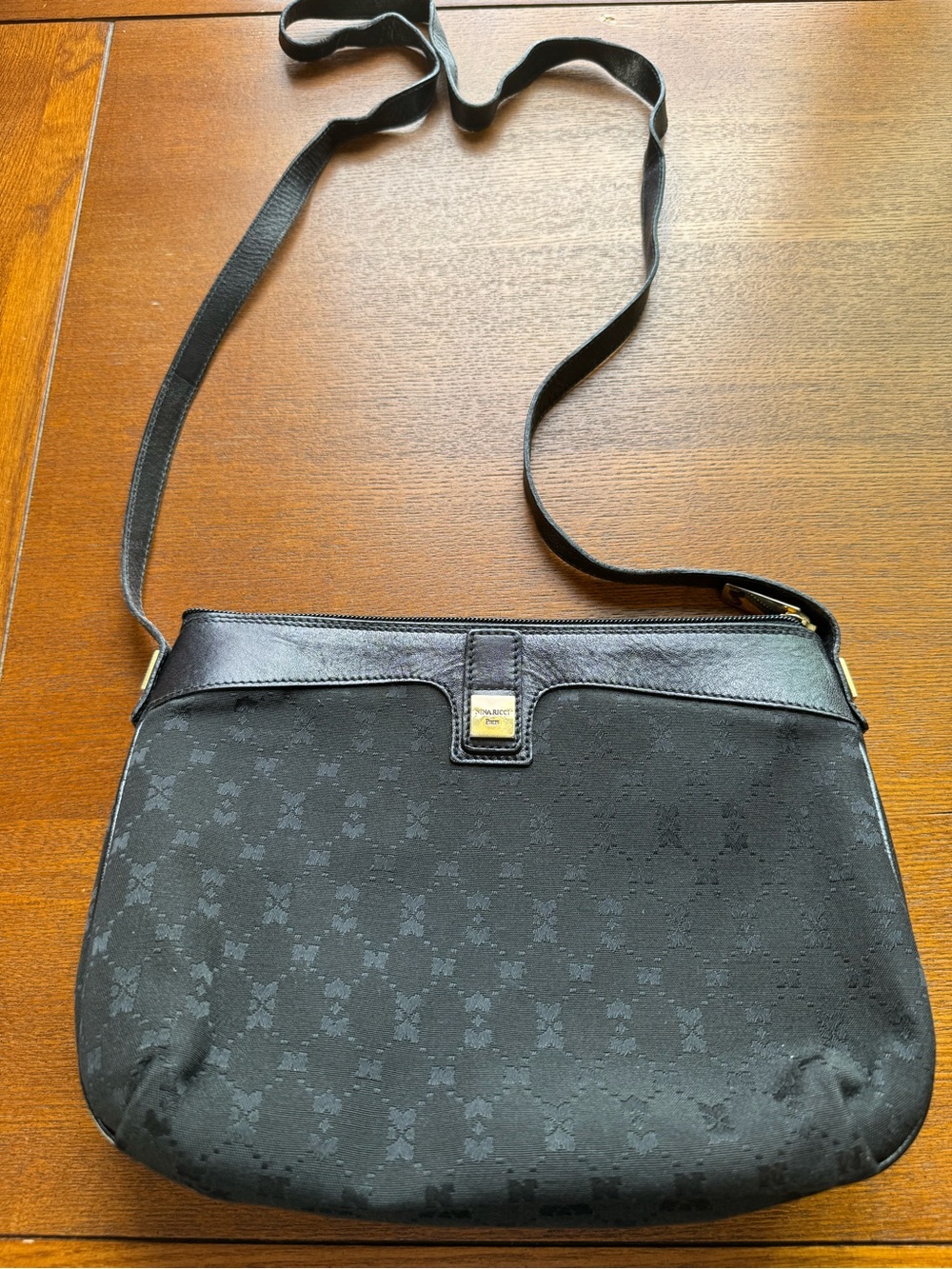 Nina Ricci Paris Black Leather/Jacquard Canvas Crossbody/Shoulder Bag